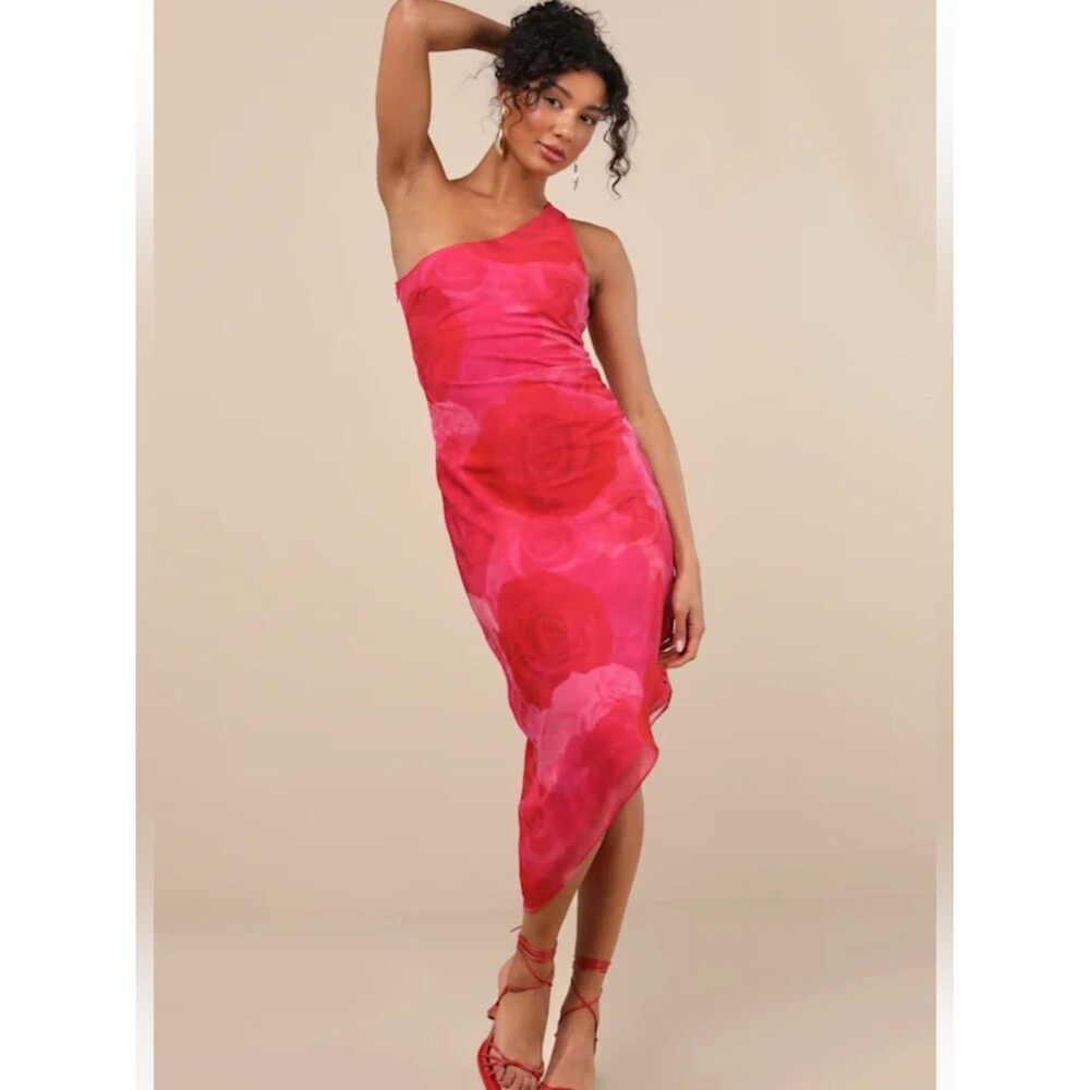 Lulus Pretty Serene Floral One Shoulder Asymmetrical Midi Dress NWT XS Pink Red